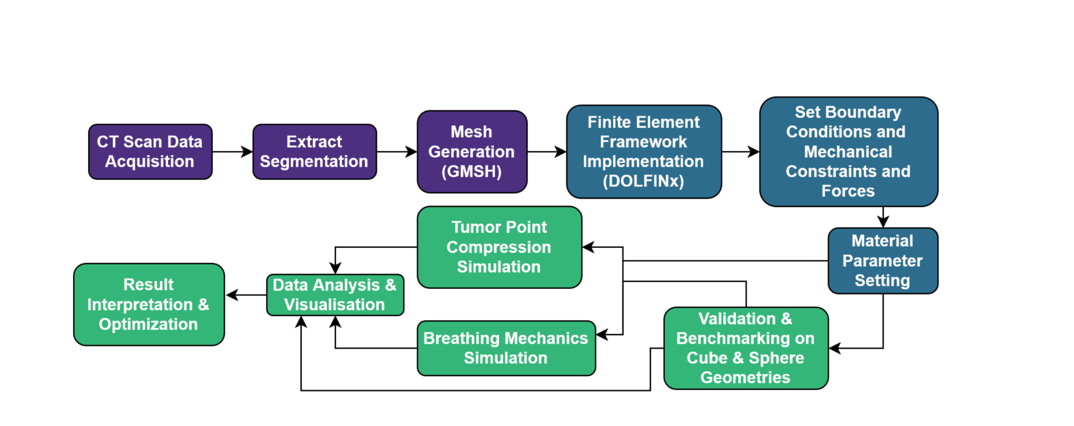 Fig. 1. Overview of the computational workflow for modelling tumour dynamics and tissue interactions. The process consists of data preprocessing, model implementation, simulations, and result analysis, with different colours indicating distinct stages.
